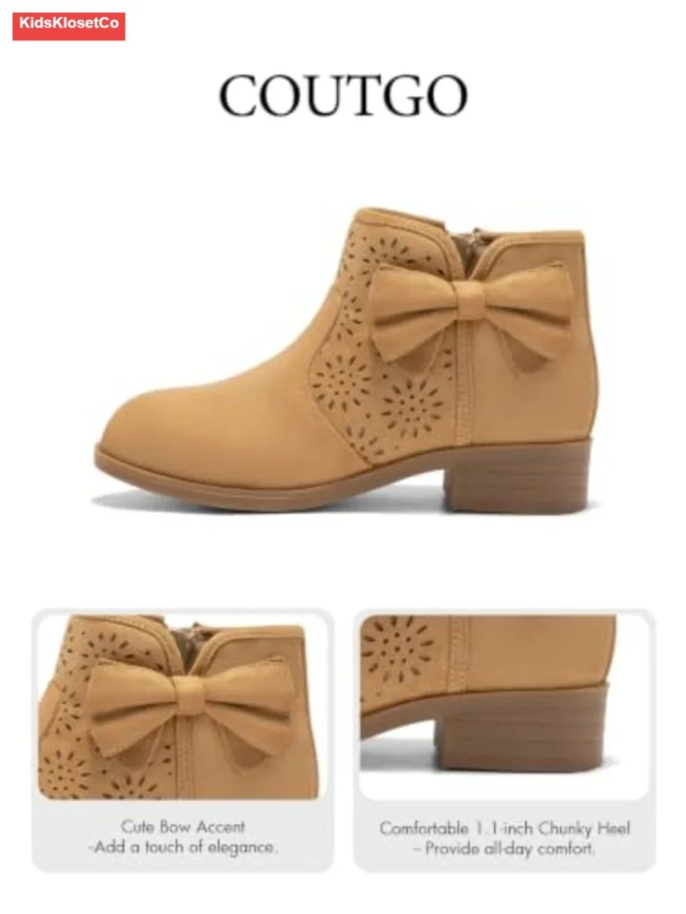 Girls Ankle Boots Faux Suede Bow Chunky Low Heel Side Zipper Dress Booties